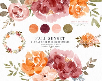 Fall Floral Watercolor Clipart, Orange Rust Thanksgiving Clipart, Fall Clipart, Watercolor Flowers, Sublimation Burnt Orange Flowers Clipart
