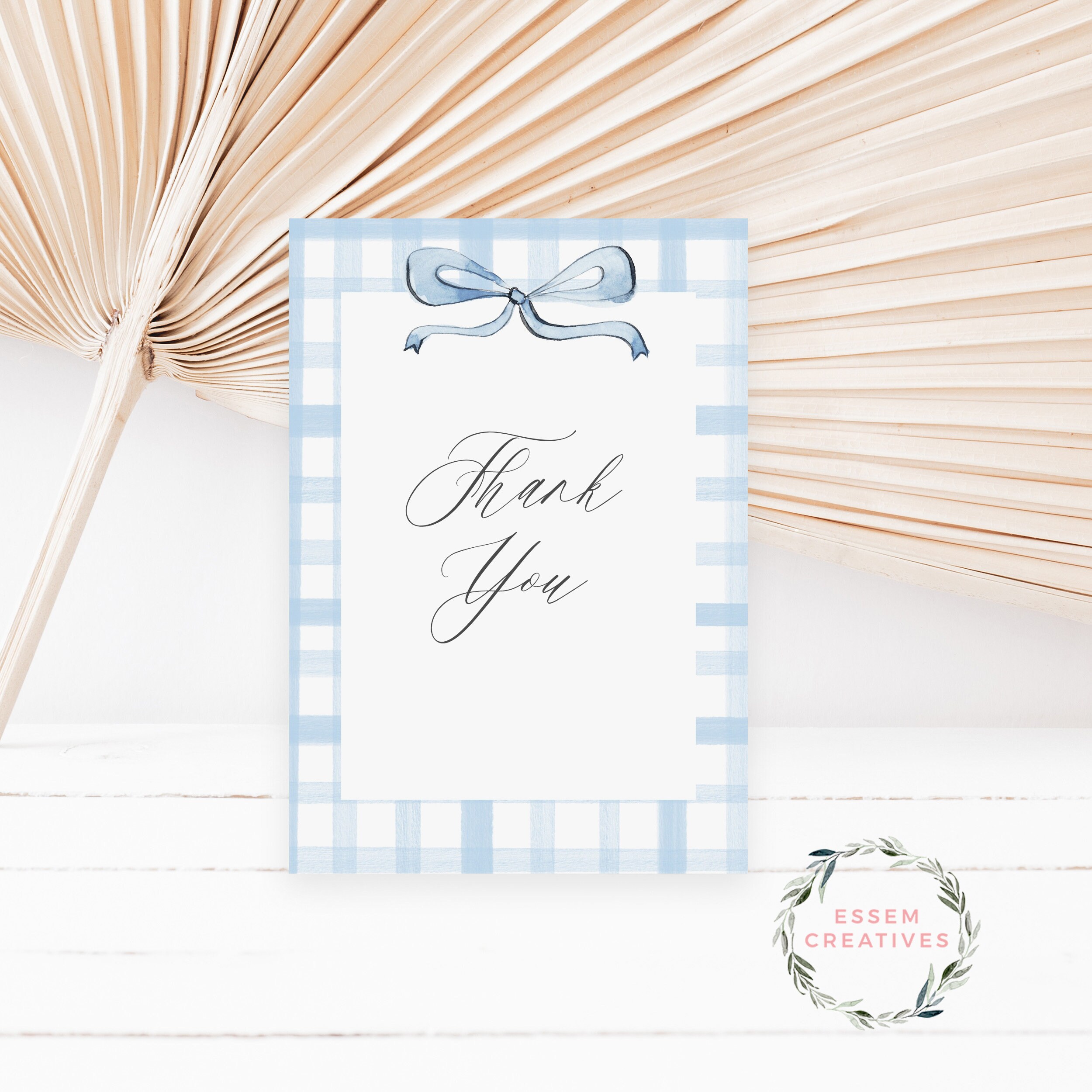 Editable Baby Blue Boy Baby Shower Thank You Card, Gingham Bow Folded ...