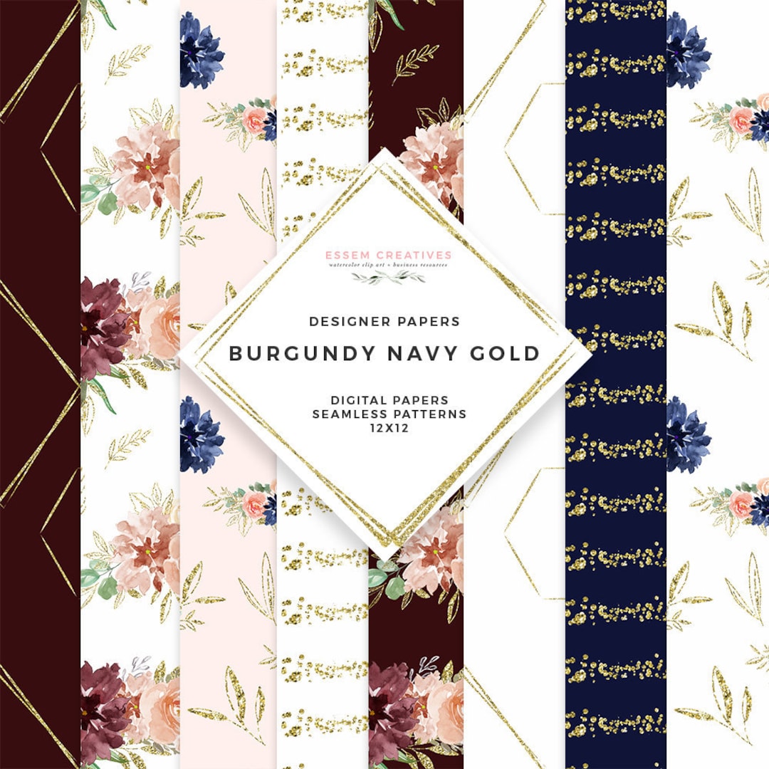Watercolor Floral Digital Paper Pack, Burgundy Navy Gold Seamless ...