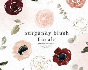 Burgundy Blush Separate Flowers Clipart, Boho Floral Graphics, Watercolor Peony Dahlia Garden Rose PNG, Rustic Fall Marsala Graphics Prints