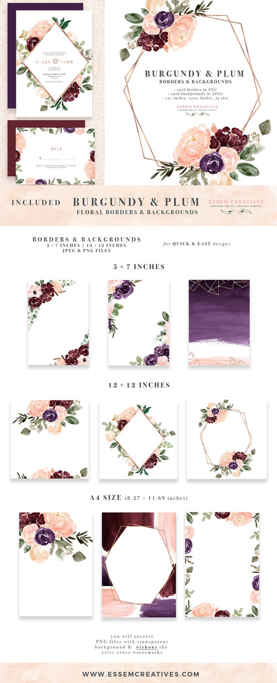 Burgundy Blush Watercolor Floral Borders Plum Rose Gold | Etsy