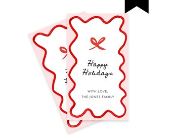 Wavy Border and Bow Gift Tag Template, Editable Holiday Hang Tag, Printable Scallop Hand Drawn Pink Red Coquette Bow Gift Label, Corjl 516