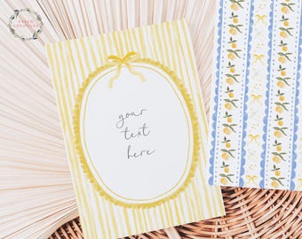 Lemon Yellow Stripes and Bow Frame with lemon scallop digital paper background, Coquette Grandmillenial Template, Editable Blank PNG JPEG