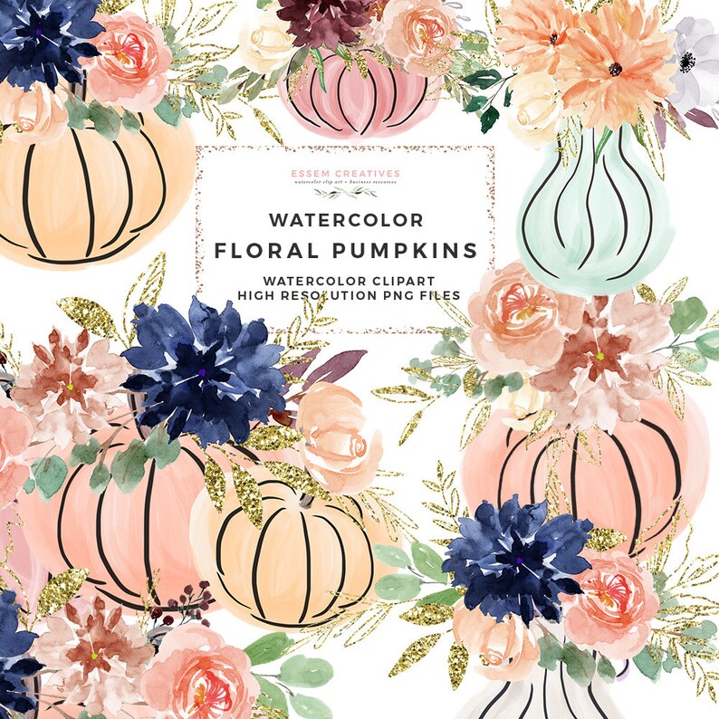 May include: Watercolour clipart of floral pumpkins in peach, pink, blue and green colours. The pumpkins are decorated with flowers and leaves. The text "WATERCOLOR FLORAL PUMPKINS" is in the centre of the image. The text "WATERCOLOR CLIPART HIGH RESOLUTION PNG FILES" is below the main text.