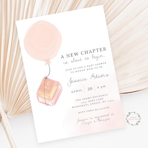 Ein neues Kapitel-Babyparty-Einladungsvorlage, Bücher Stapel Babyparty einladen, Buch-Liebhaber Boho Mädchen Baby Sprinkle druckbare einladen, 497