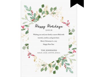 Printable Cross Stitch Christmas Card Template, Editable Greenery Holiday Card Template, Modern Whimsical Embroidery Theme Card, Corjl 516