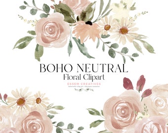 Boho Neutral Floral Clipart, Boho Floral Frame Clip art, Watercolor Flowers Clipart, Floral Border PNG, Rustic Peach Blush Pink Digital File