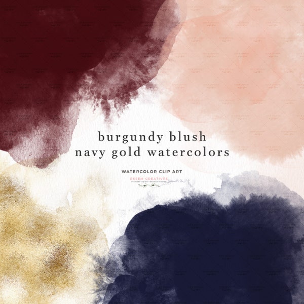 Watercolor Splash Brush Strokes Clipart, Abstract Burgundy Blush Pink Navy Blue Gold Wash Ombre, Paint Stroke Textures Swash Background PNG