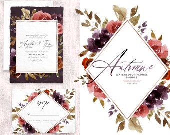 Plum Berry Watercolor Floral Clipart, Wine Purple Fall Flowers Clip Art, Rustic Marsala Violet Bouquet Frame Wreath Graphics for Invitations
