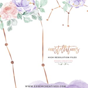 May include: Watercolor floral illustration with a constellation design in gold. The text "constellations" and "HIGH RESOLUTION FILES" is written in gold script. The text "ESSEM CREATIVES" is written in gold script with a small floral design below. The text "www.essemcreatives.com" is written in black at the bottom of the image.