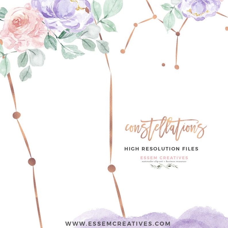 May include: Watercolor floral illustration with a constellation design in gold. The text "constellations" and "HIGH RESOLUTION FILES" is written in gold script. The text "ESSEM CREATIVES" is written in gold script with a small floral design below. The text "www.essemcreatives.com" is written in black at the bottom of the image.