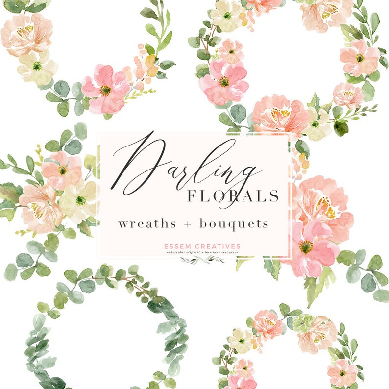 May include: Watercolor floral wreaths and bouquets in shades of pink, peach, and green. The image features the text "Darling Florals" and "wreaths + bouquets". The design is by Essem Creatives.