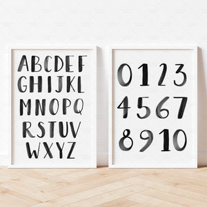 Impresión de alfabeto neutro y números, póster del alfabeto negro, carteles educativos imprimibles para la decoración de la habitación de los niños Sala de juegos de la guardería Arte de pared ABC BW