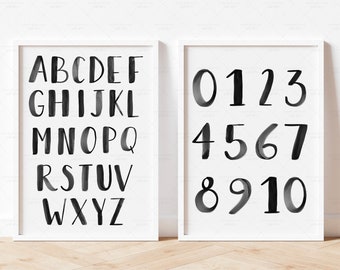 Neutral Alphabet and Numbers Print, Black Alphabet Poster, PRINTABLE Educational Posters for Kid Room Decor Nursery Playroom Wall Art ABC BW