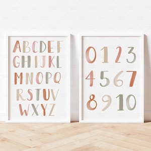 Neutral Alphabet and Numbers Print, Boho Alphabet Poster, PRINTABLE Educational Posters for Kids Room Decor Nursery Playroom Wall Art ABC