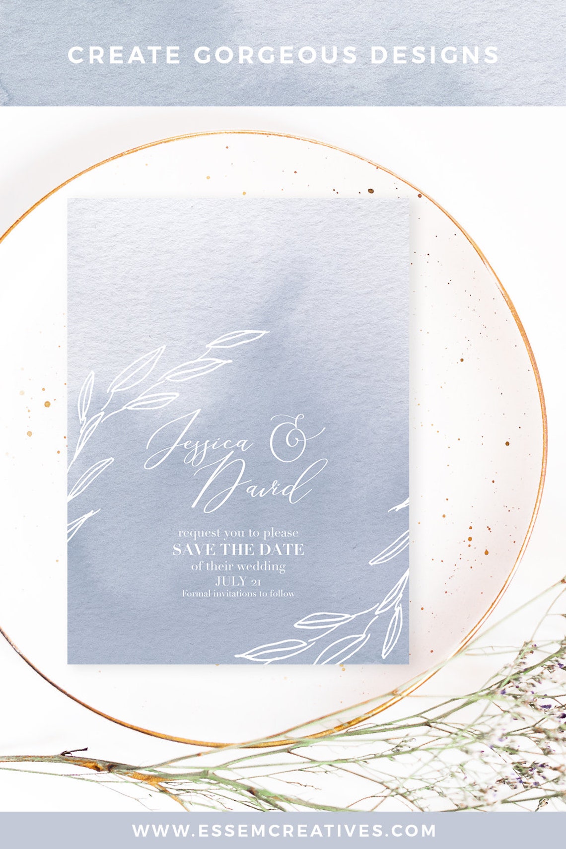 Dusty Blue Wedding Invitation Background Watercolor Ombre - Etsy