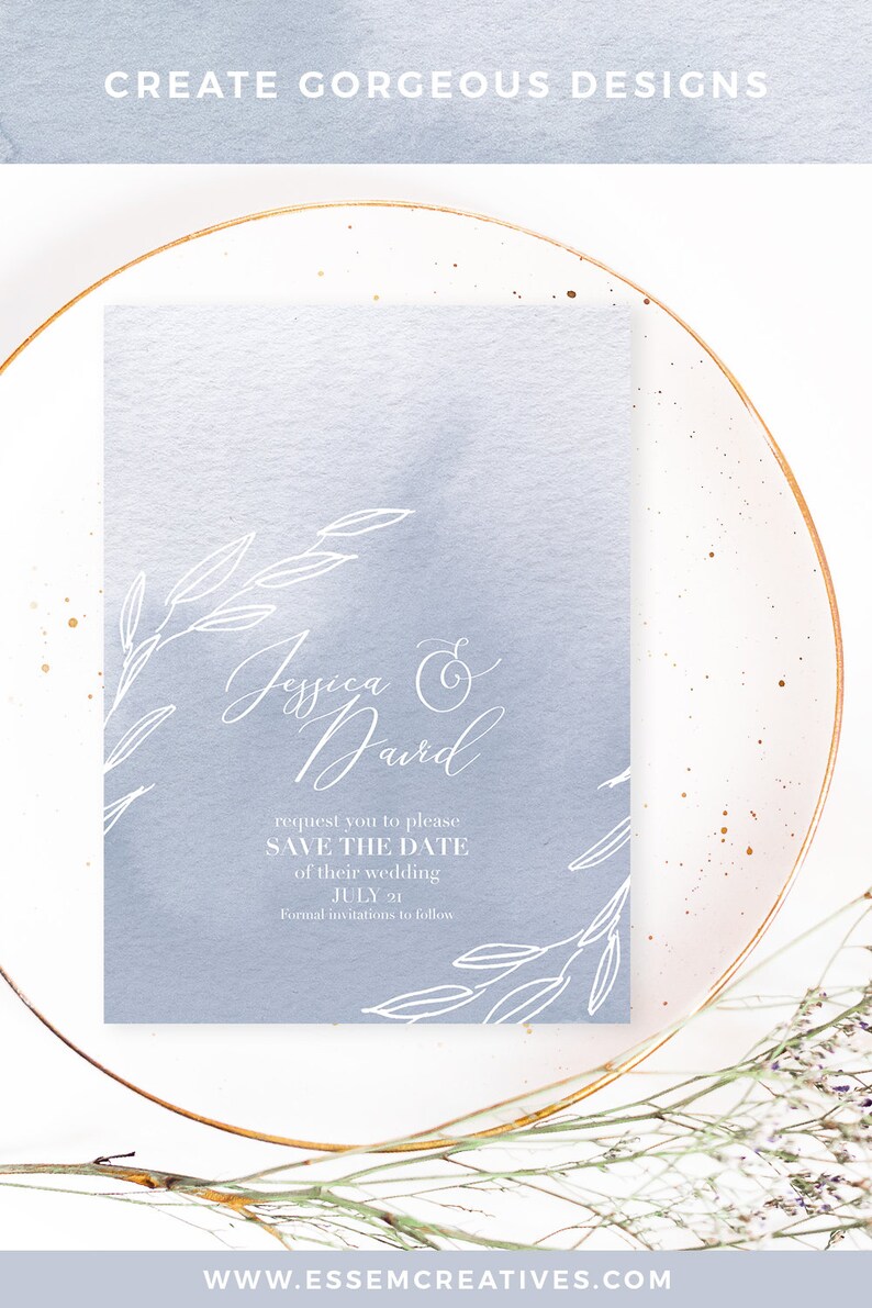 Dusty Blue Wedding Invitation Background Watercolor Ombre - Etsy UK
