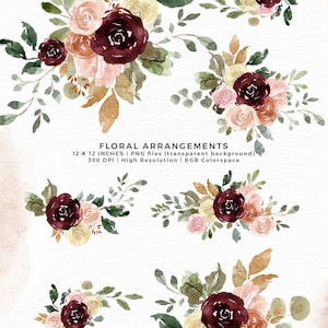 Burgundy Watercolor Floral Clipart, Fall Flowers Clip Art, Rustic Peonies Roses Marsala Maroon Peach Bouquets Frame Wreaths Seamless Pattern image 4