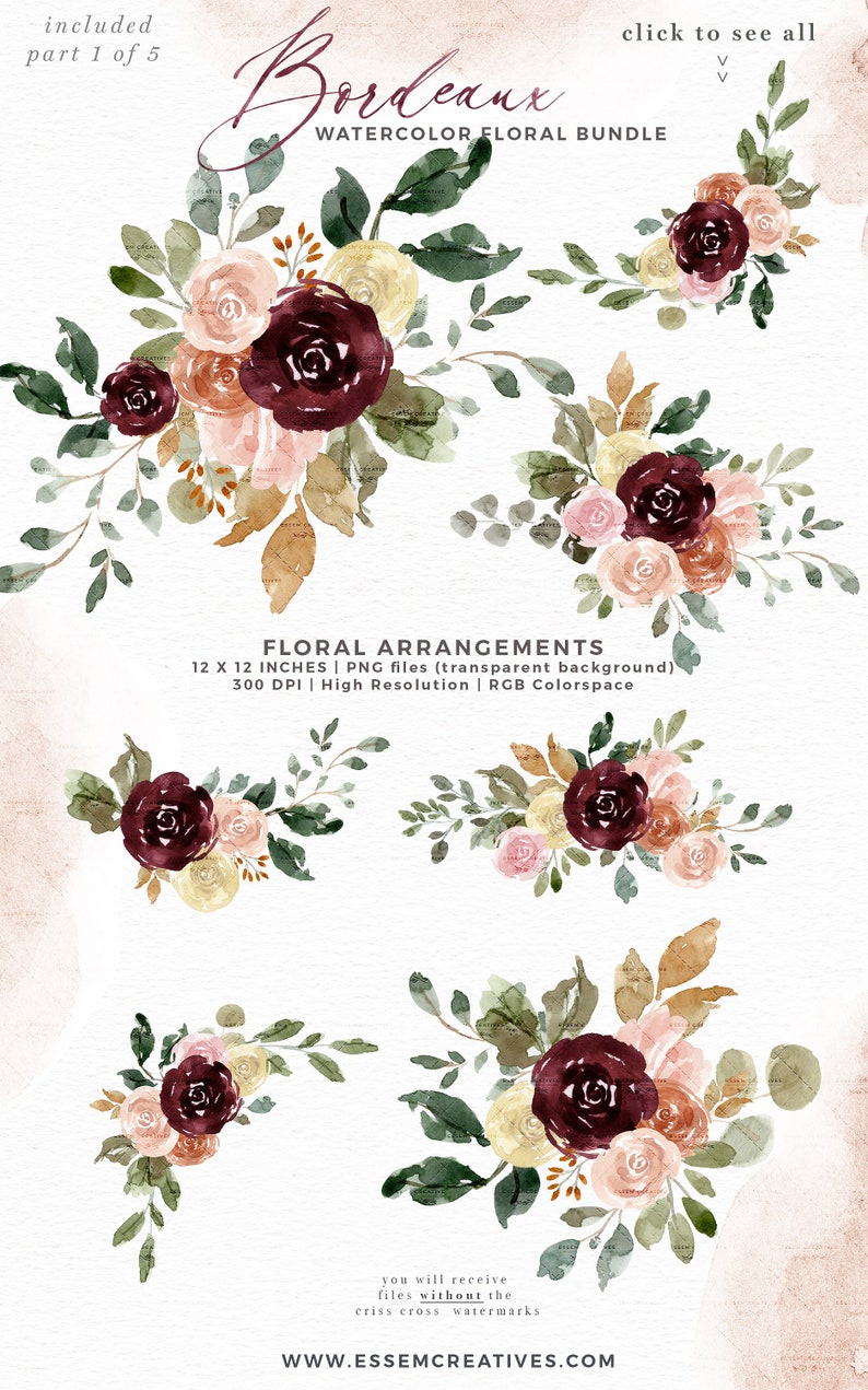 Burgundy Watercolor Floral Clipart, Fall Flowers Clip Art, Rustic Peonies Roses Marsala Maroon Peach Bouquets Frame Wreaths Seamless Pattern image 4