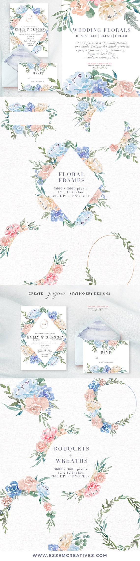 Watercolor Flowers Clipart Dusty Blue Wedding Invitation Etsy