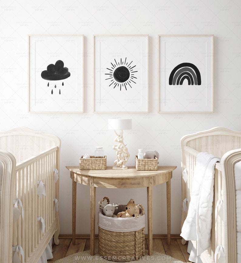 Neutre Sun Cloud Rainbow Print Ensemble de 3 décors de pépinière noirs, galerie imprimable impressions murales affiche aquarelle pour chambre denfant, TÉLÉCHARGEMENT NUMÉRIQUE image 1