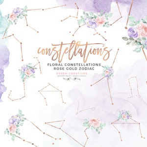 May include: Watercolor floral constellations with rose gold zodiac signs. The constellations are outlined in rose gold and are surrounded by watercolor flowers in shades of pink, purple, and green.