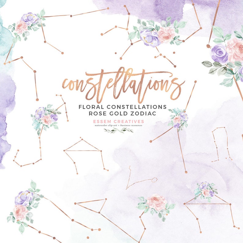 May include: Watercolor floral constellations with rose gold zodiac signs. The constellations are outlined in rose gold and are surrounded by watercolor flowers in shades of pink, purple, and green.