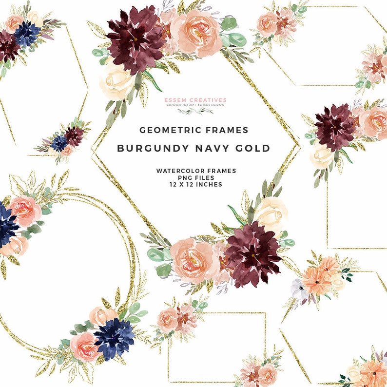 May include: A set of six geometric frames featuring watercolour floral designs in shades of burgundy, navy blue, and peach. The frames are outlined in gold glitter and measure 12 inches by 12 inches.