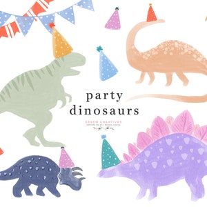 Clipart de dinossauros de festa, dinossauros em aquarela fofos e coloridos usando chapéus de festa para convites de festa de aniversário de T-rex, chá de bebê de menino digital