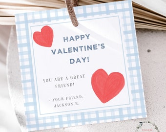 Printable Blue Gingham Red Heart Valentine Tag, Simple Watercolor Valentines Day Card for kids, Classmate School Teacher Valentines Gift 500