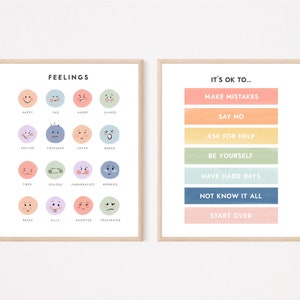 Conjunto de 2 pôsteres de emoções, gráfico de sentimentos, decoração de sala de aula em arco-íris, arte de parede escolar para crianças, impressão educacional, download digital RNBW