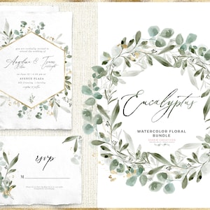 Watercolor Eucalyptus Clipart, Foliage Greenery Clipart, Eucalyptus Wreath Clipart, Light Leaves Gold Wedding Clipart, Gold Frame Border PNG