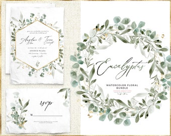 Watercolor Eucalyptus Clipart, Foliage Greenery Clipart, Eucalyptus Wreath Clipart, Light Leaves Gold Wedding Clipart, Gold Frame Border PNG
