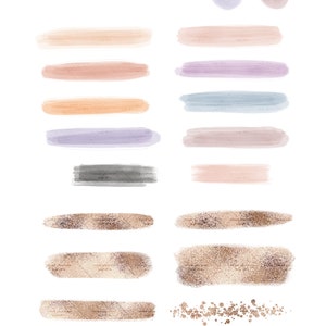 K&ouml;nnte beinhalten: Ein Set mit 27 digitalen Aquarell-Pinselstrichen und -formen in Champagnergold, Blush Pink und Hellblau. Die Striche sind etwa 10 bis 13 cm breit und die Kreise 4,2 cm breit. Die digitalen Dateien sind 300 DPI und im RGB-Farbraum. Die Dateien sind PNGs und enthalten keine Wasserzeichen.