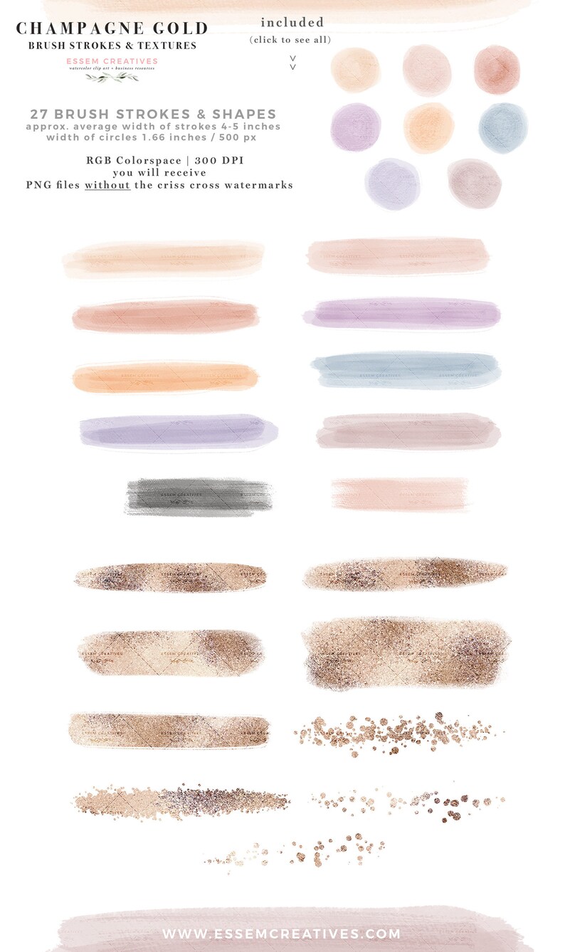 K&ouml;nnte beinhalten: Ein Set mit 27 digitalen Aquarell-Pinselstrichen und -formen in Champagnergold, Blush Pink und Hellblau. Die Striche sind etwa 10 bis 13 cm breit und die Kreise 4,2 cm breit. Die digitalen Dateien sind 300 DPI und im RGB-Farbraum. Die Dateien sind PNGs und enthalten keine Wasserzeichen.