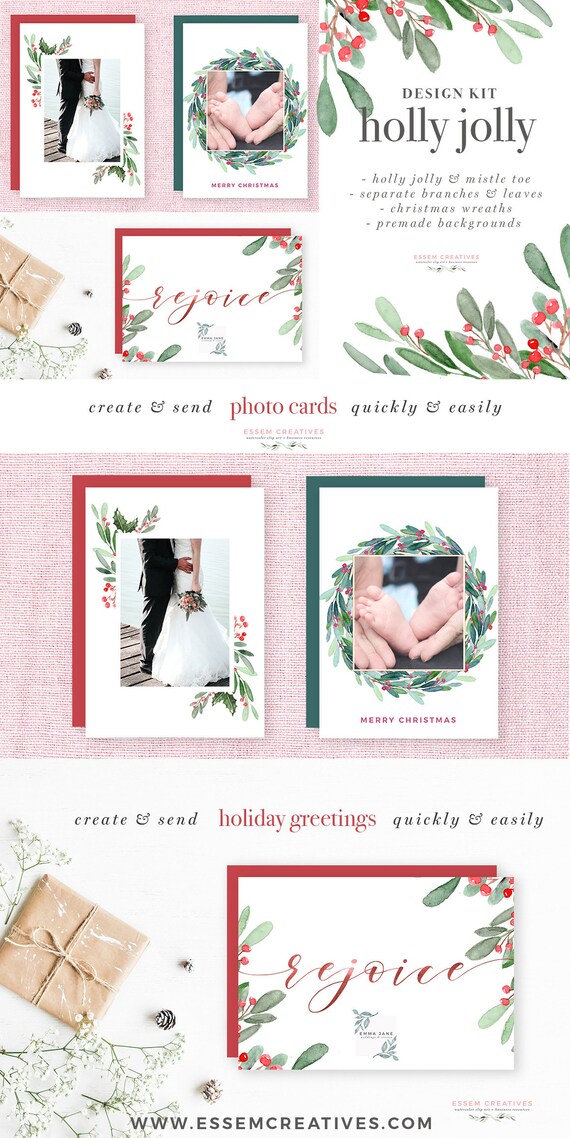 Watercolor Christmas Clipart, Christmas Photo Card Template, Holiday Clip Art, Xmas Holly Wreath, Festive Digital Papers, Winter Background