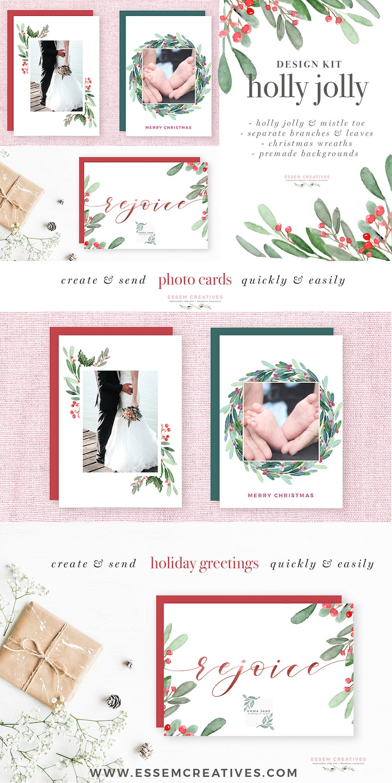 Op de afbeelding: Een ontwerpset voor het maken van kerstkaarten met aquarel illustraties van hulst, mistletoe en kransen. De set bevat voorgemaakte achtergronden en losse takken en bladeren voor aanpassing. De tekst "holly jolly" is te zien in de afbeelding.