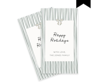 Whimsical Stripes and Bow Christmas Gift Tag Template, Editable Holiday Hang Tag, Printable Modern Hand Drawn Green Gift Label, Corjl 516