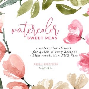 Aquarell süße Erbsen Clipart, Blumen Einladung Hintergrund, Blumen Stiele, DIY Tischnummern, druckbare digitale Blumen, Mädchen Kinderzimmer Kunst