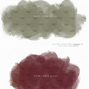 May include: Two watercolor textures in earthy tones. The top texture is a light green, and the bottom texture is a deep burgundy. The textures are irregular in shape and have a soft, blended appearance. The image includes the text "EARTHY FLORALS" and "watercolor textures".