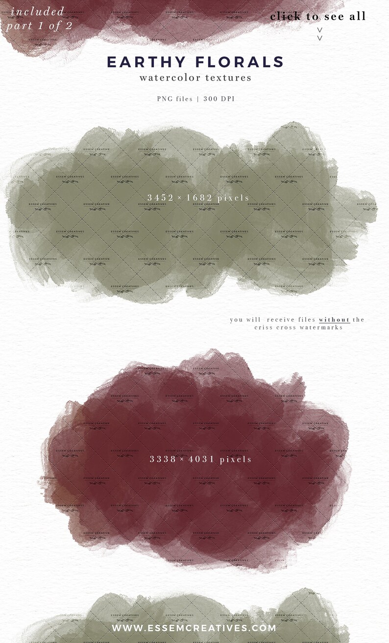 May include: Two watercolor textures in earthy tones. The top texture is a light green, and the bottom texture is a deep burgundy. The textures are irregular in shape and have a soft, blended appearance. The image includes the text "EARTHY FLORALS" and "watercolor textures".
