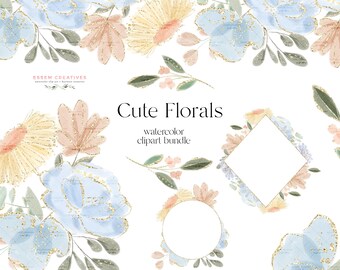 Dusty Blue Floral Clipart, Boho Boy Baby Shower Clipart, Watercolor Frame Border Bouquet PNG, Blue and Peach Flower Graphics for DIY designs