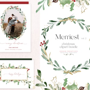 Imágenes prediseñadas de Navidad de acuarela, fondo de marco de tarjeta de foto de Navidad, imágenes prediseñadas navideñas, corona de vegetación de invierno PNG, borde de tarjeta festiva JPEG