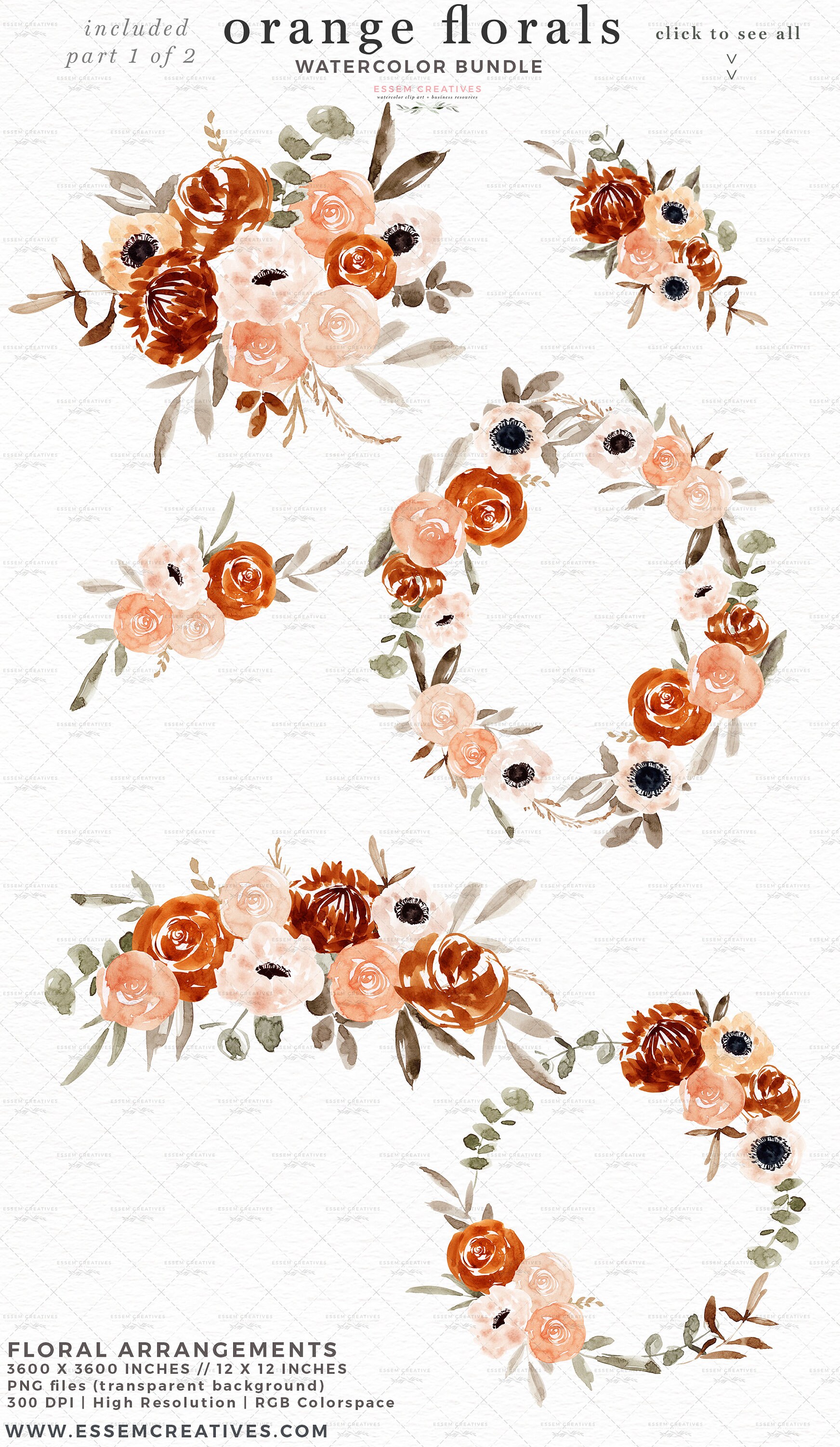 Fall Floral Digital Papers, Dusty Orange Rust Flower Patterns, Photography  Backdrop - Essem Creatives