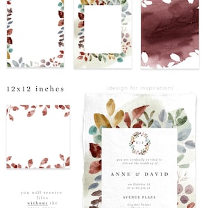 May include: A set of four watercolor fall foliage wedding invitation templates in 5x7 and 12x12 inches. The templates feature a wreath of leaves in shades of red, orange, yellow, green, and blue. The text on the invitation reads "you are cordially invited to attend the wedding of ANNE & DAVID on October 15 at 4:30 pm at AVENUE PLAZA Crystal Palace Charleston Reception to follow".