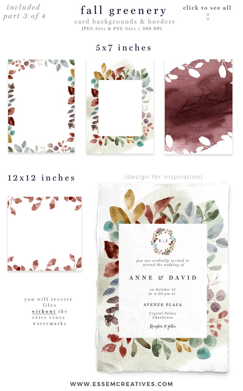 May include: A set of four watercolor fall foliage wedding invitation templates in 5x7 and 12x12 inches. The templates feature a wreath of leaves in shades of red, orange, yellow, green, and blue. The text on the invitation reads "you are cordially invited to attend the wedding of ANNE & DAVID on October 15 at 4:30 pm at AVENUE PLAZA Crystal Palace Charleston Reception to follow".