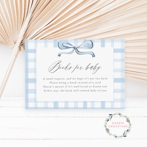Livres modifiables de baby shower bleu bébé pour carte de bébé, modèle de demande de livre noeud vichy, baby shower moderne du Sud, téléchargement immédiat 501