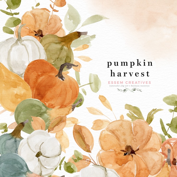 Watercolor Fall Pumpkins Clipart, Boho Autumn Harvest Clipart, Thanksgiving Clipart Floral PNG, Halloween flower graphics, Card Frame Border