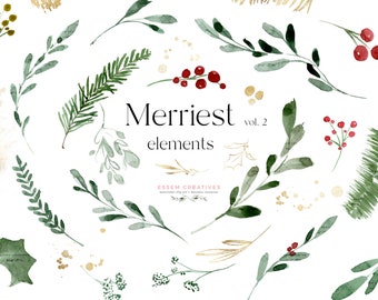 Watercolor Christmas Clipart, Christmas Branches Leaves Fir Pine Mistletoe, Holiday Clip Art, Winter Greenery PNG, Festive Card Elements