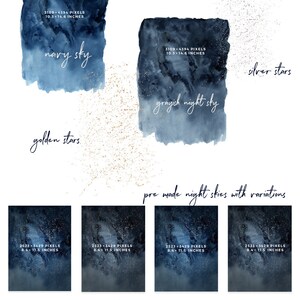 May include: Watercolor clipart set of starry night skies in shades of blue with gold glitter. Includes pre-made night skies, moon shapes, and glow worms. 300 DPI PNG files.